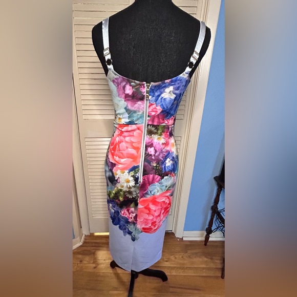 Ted Baker London straps floral print size 1 satin feel zipper back knee length - Picture 2 of 14